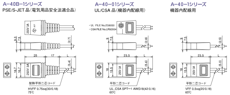 二端子型プラグコード：A-40B-1、A-40-01、A-40-1